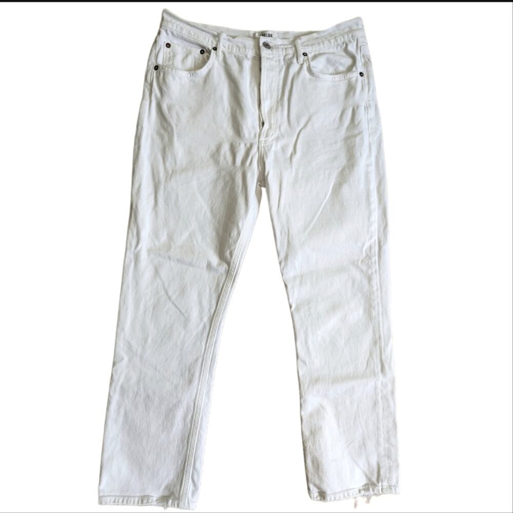 Agolde Riley White High Rise Straight Crop Stretch Button Fly Jeans